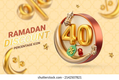 Ramadan And Eid Sale Template Design With 40 Percent Discount Offer And Gold Lanterns 3d Render