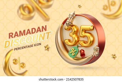 Ramadan And Eid Sale Template Design With 35 Percent Discount Offer And Gold Lanterns 3d Render