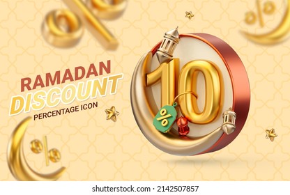 Ramadan And Eid Sale Template Design With 10 Percent Discount Offer And Gold Lanterns 3d Render