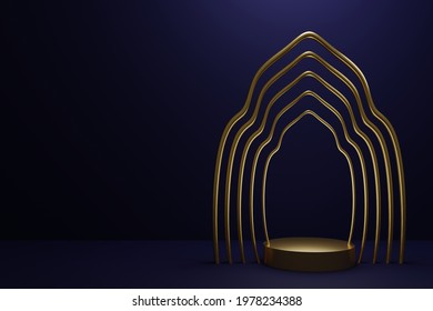 Ramadan islam 5 golden arch shaped mosque with podium dark blue background 3d illustration.