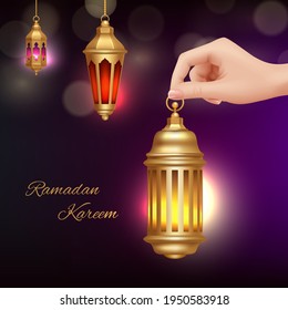 Ramadan Kareem background. Hand holding islamic lamp. Realistic arabic lanterns with beautiful glow effect illustration