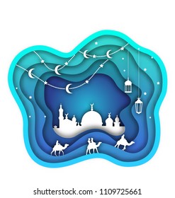 Ramadan Kareem Background, Mosque, Lanterns, Moon, Camels. Islamic Design, Cut Paper Template