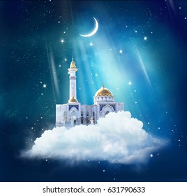 Ramadan Kareem background with mosque in sky