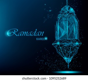 Ramadan Kareem bright greeting card with traditional Arabic lantern. Polygonal art on blue background. Usable for Eid Mubarak. Stock raster illustration