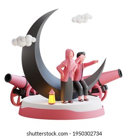 Ramadan Kareem Concept. Muslim Couple In Pink With Big Black Moon And Two Cannon. 3D Character Illustration