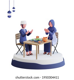 Ramadan Kareem Concept. Muslim Couple In Blue Clothes Celebrating Iftar. 3D Character Illustration