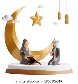 Ramadan Kareem Concept. Muslim Couple In Black Reading The Holy Quran. 3D Character Illustration