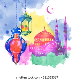 Ramadan Kareem. Eid Al Adha. Muslim holiday.  Ramazan. Mosque night. Arabic lanterns. Bright watercolor stains background. 