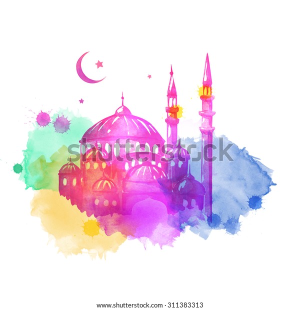 ラマダン カレーム イード アル アダ イスラム教の祝日 モスクの夜 ラマザン 水色の汚れのあるカラフルな挨拶の背景 のイラスト素材