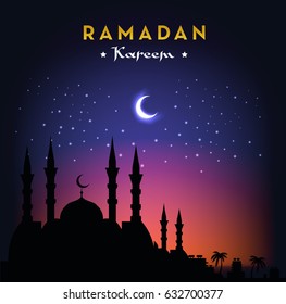 Ramadan Kareem Greeting Card With Mosque And Night Sky. Moon And Stars. Illustration.