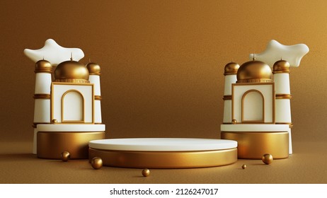 Ramadan Kareem Islamic Greeting Background With Gold Mosque On Podium