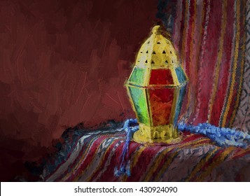 Ramadan Lamp And Rosary - Fine Art Drawing In Oil-paint Technique. Islamic Festive Art.