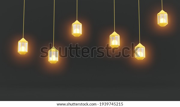 Ramadan lanterns theme in dark background. 3D\
illustration of eid mubarak\
event