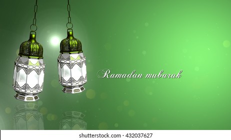 Ramadan Mubarak and Traditional Ramadan Lantern And Islamic Rosary | Light Colorful Green background | Ramadan in Egypt And The Light Of Ramadan. Its The Lantern A Ramadan Story