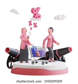 Ramadan Shopping Concept. Muslim Couple In Pink With Two Cannon And Shopping Cart. 3D Character Illustration