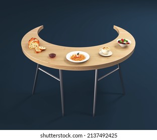 Ramadan table. crescent shaped wooden table on a modern blue background. dishes on table. Design creative concept of islamic celebration day ramadan kareem or eid al fitr adha. 3D illustration.