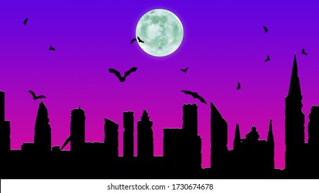 A Ramshackle Derelict City Skyline Silhouette Against A Blue And Purple Sky With A Full Moon And Bats Flying In All Directions