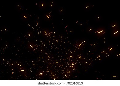 Random flying particles isolated on black background for overlay design or fire sparks came from campfire 