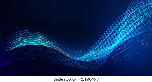 Random Glowing Technological Blue Particles Modern Abstract Background Wallpaper. New neon technology blur lights and ellipse backdrop concept, dark gradient wall