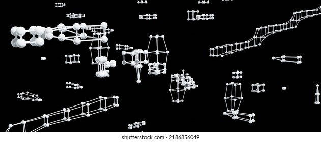 Random Molecular And Atomic Connections Background. Dark Space With 3d Render Of Floating Geometric Segments From Connected White Balls. Biochemical Volumetric Formulas In Space