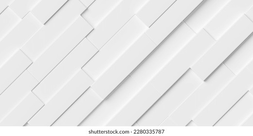 Random shifted diagonal white long rectangle cubes geometrical background wallpaper banner pattern flat lay top view from above, 3D illustration