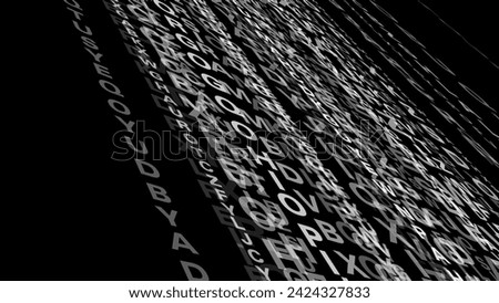 Random text on black background creative communication of dynamic letters, typographic chaos, and abstract design in coded, typographic composition of fancy, shifting typography and letter chaos