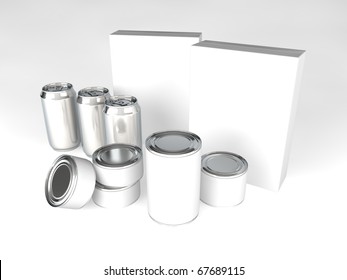 A range of products with blank labels - cans, tins, cereal boxes
