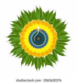 Rangoli by Mango Leaves and Marigold Flower. Editable Illustration of Oil Lamp. Indian Festival Decoration. - Powered by Shutterstock