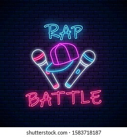 Rap battle neon sign with two microphones and baseball cap. Emblem of hip-hop music. Rap contest advertisement design - Powered by Shutterstock