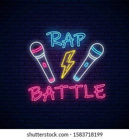 Rap battle neon sign with two microphones and lightning. Emblem of hip-hop music. Rap contest advertisement design - Powered by Shutterstock