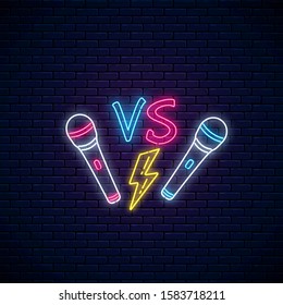 Rap battle neon sign with two microphones, lightning. Rap contest advertisement design. Bright banner of hip-hop music - Powered by Shutterstock