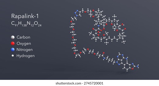 rapalink-1 molecule 3d rendering, flat molecular structure with chemical formula and atoms color coding