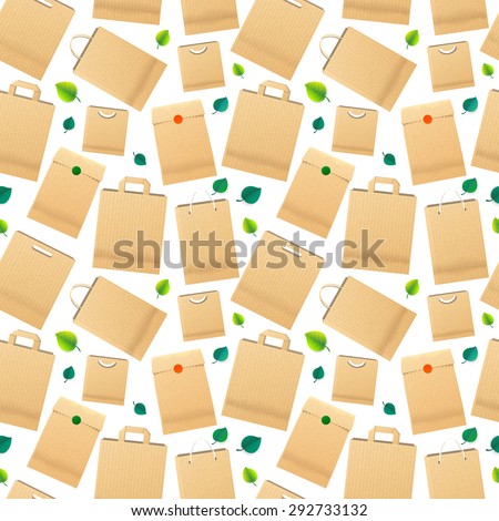 Raper Bag Ecology Seamless Pattern with Green Leaves. Recycle brown paper bag