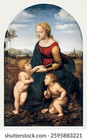 Raphael's The Virgin and Child with Saint John the Baptist (1507) famous painting. Classical artwork by Raphael. Vintage classical painting by Raphael.