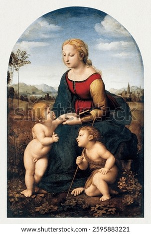 Raphael's The Virgin and Child with Saint John the Baptist (1507) famous painting. Classical artwork by Raphael. Vintage classical painting by Raphael.