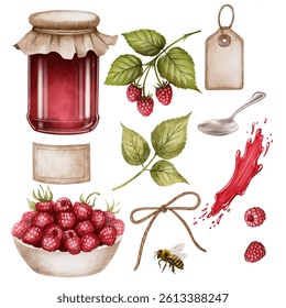 frambuesa, tarro de mermelada y cuenco de bayas, rama, hojas y cuchara, abeja, salpicaduras y etiquetas. Clipart de embalajes, recetas y productos culinarios, de té y cosméticos, mercados de agricultores