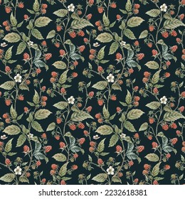 Raspberry seamless pattern. Watercolor red berry background.