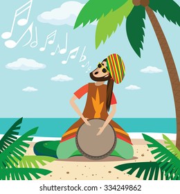 Rasta man sitting on the beach, plays on the drum and sings | raster version