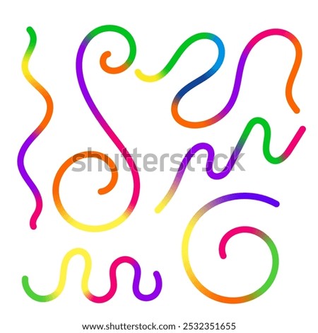 Raster Abstract Colored Gradient Shapes Set. Squiggly Design Elements. Graphic with Wavy Lines in Rainbow Colors. Colorful Fluid Wave Pattern.