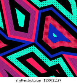 Raster abstract geometric seamless pattern with multicolor shapes. Retro vintage art print. 1980s - 1990s fashion design, Memphis style texture. Repeat background for decor, fabric, covers, cloth