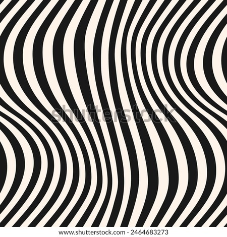 Raster abstract seamless pattern with curved lines, wavy stripes. Black and white distorted background. Groovy dynamical rippled texture, 3D visual effect, illusion of movement. Pop art repeat design