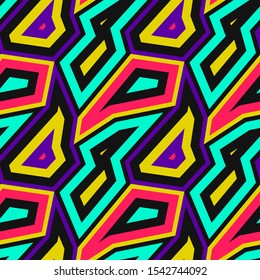 Raster abstract seamless pattern with geometric shapes, colorful angular elements. Retro vintage art print. Memphis style design, 1980s - 1990s fashion. Urban texture. Trendy repeatable background