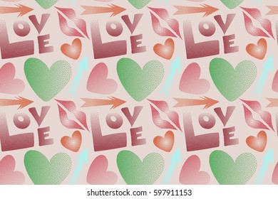 Raster arrow, hearts, kissing lips, love text seamless pattern background in red, pink and orange colors. Stylized multicolor love elements for print wrapping paper.