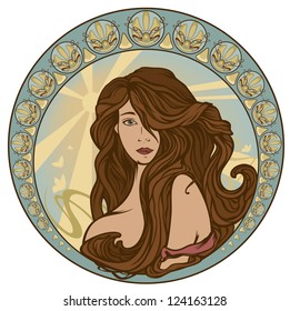 Raster - Art Nouveau Style Woman Portrait With Long Hair - Girl In Ornate Circle With Sun Rays And Butterflies (vector Version Is Available In My Portfolio)