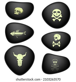 Raster Black Leather Piracy Patches Set Isolated On White Background. Eyepatch For One Eyed Pirate