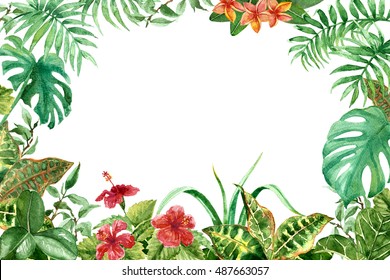 Raster colorful tropical frame made with flowers and leaves. Decoration and design element, illustration for floristry, wedding, celebration themes, part for postcards and printed things.