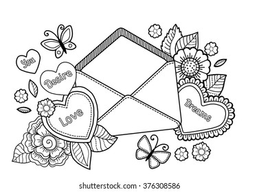 Raster copy. Hand draw coloring book for adult. Letter With Love