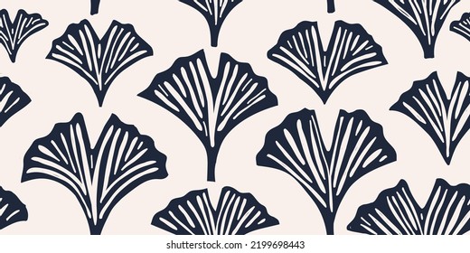 Raster Copy Hand Drawn Minimal Abstract Organic Shapes Seamless Pattern, Ginkgo Biloba Tree Leaves. Collage Contemporary Print, Artistic Cutout Background.