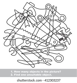 Raster copy. Tools mishmash set outlined to be colored.  Find all hidden objects on the picture. 