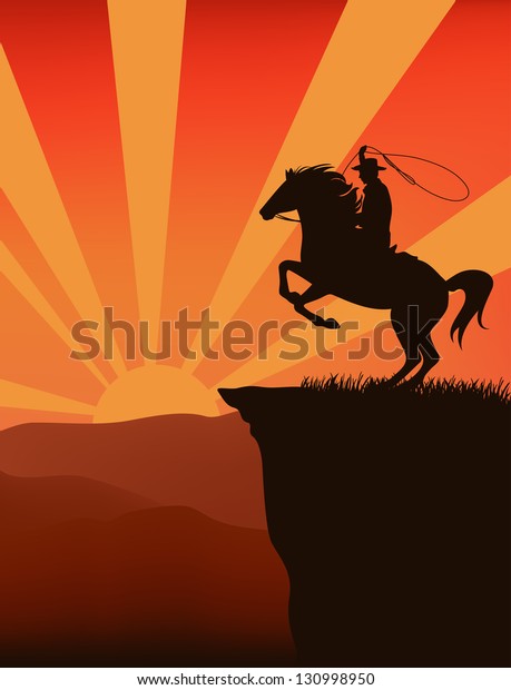 Raster Cowboy On Top Mountain Sunset Stock Illustration 130998950